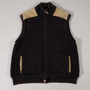 Orvis Sweater Vest Mens L Brown Suede Trim Ribbed Cotton Zip Up Hunting Shooting
